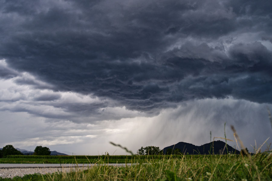 A storm blows in over the field in the distance.