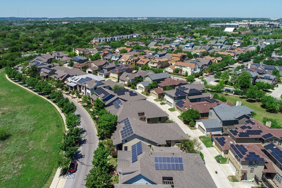 Photo of a neighborhood full of solar powered homes.