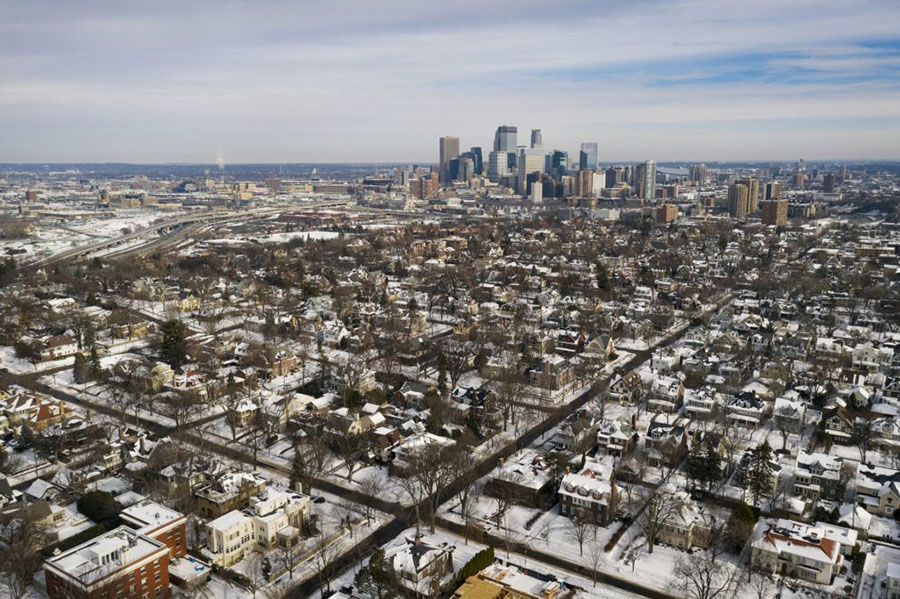Aerial photo of Minneapolis in the winter.
