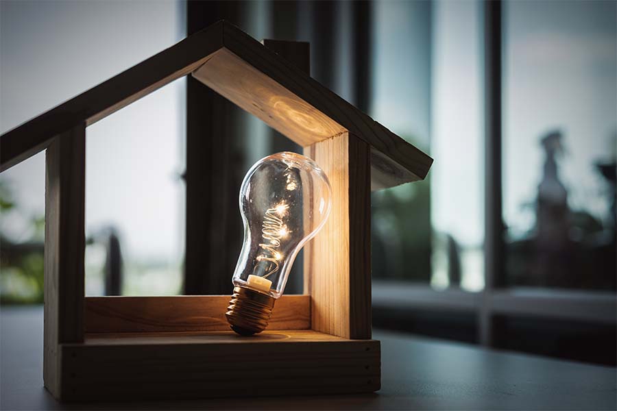 Light bulb with wood house on the table.