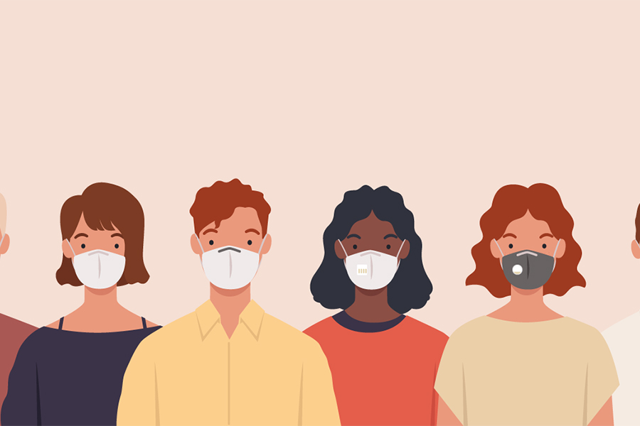 Illustrated graphic of a diverse group of people wearing masks