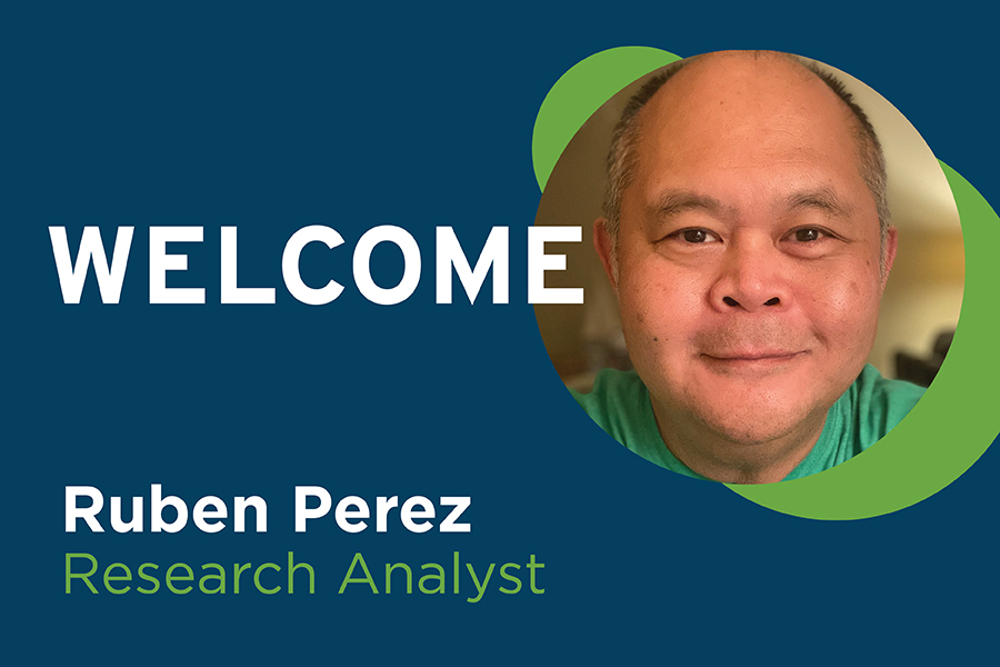 Graphic that features the word "Welcome!" at the top with a smiling photo of Ruben Perez. Text at the bottom reads, "Ruben Perez, Research Analyst"