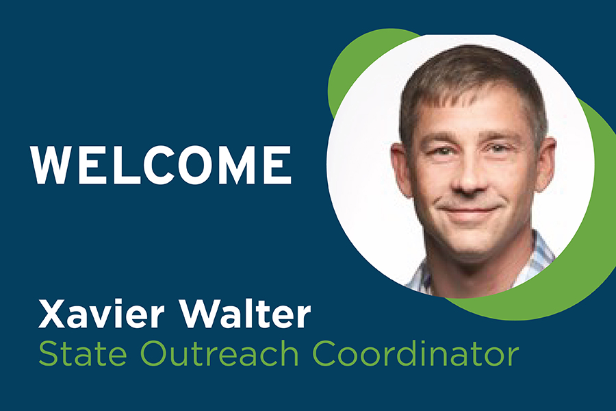 Graphic that features the word "Welcome!" at the top with a smiling photo of Xavier Walter. Text at the bottom reads, "Xavier Walter, State Outreach Coordinator"