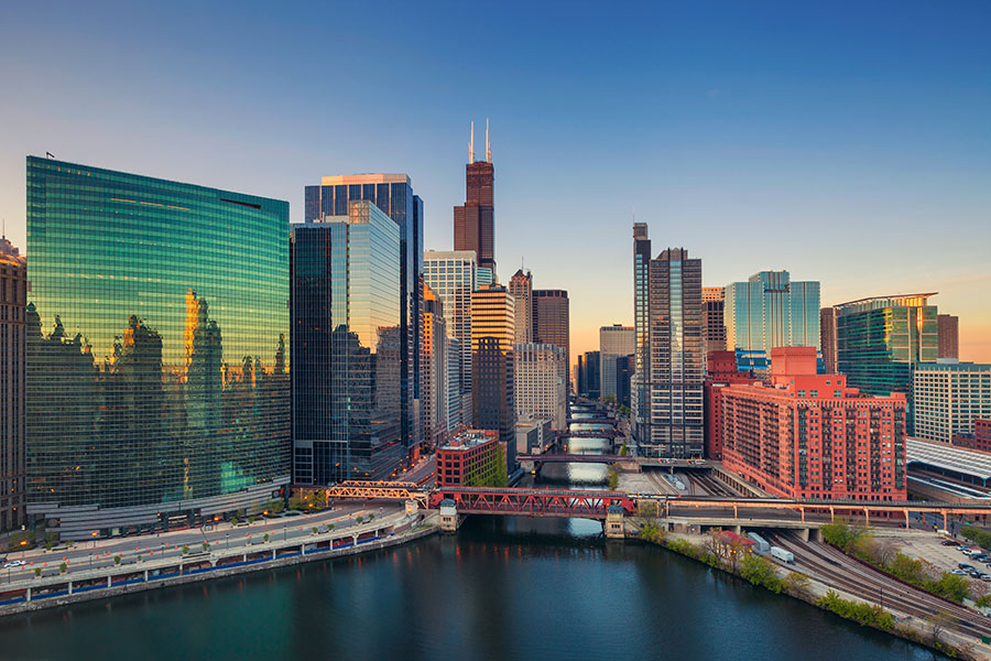 Photo of the Chicago River and Chicago skyline.