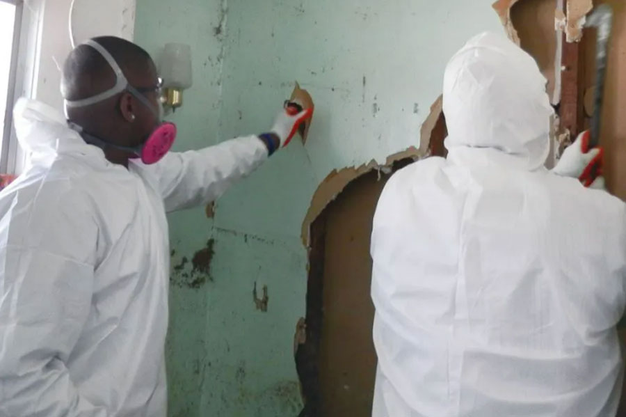 Two people in protective clothing work on constructing a wall
