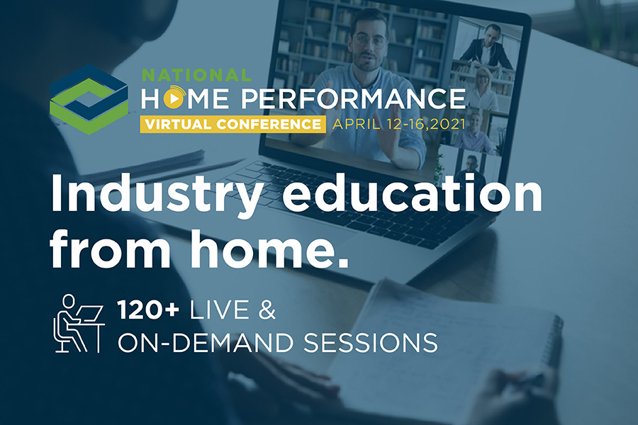 Photo of a worker on their laptop at home watching a live session. Text on graphic reads, "Industry education from home. 120+ Live and on-demand sessions".
