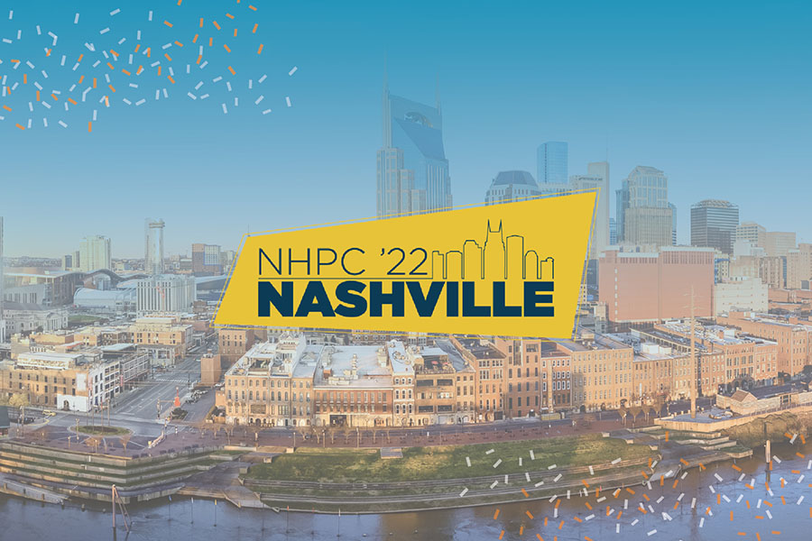 Photo of the Nashville city skyline with NHPC'22 Nashville logo