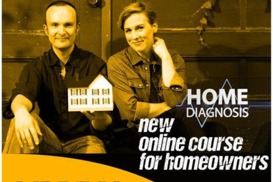 Man and woman pose for a photo holding a model home. Text on the photo reads, "Home diagnosis. New online course for homeowners."