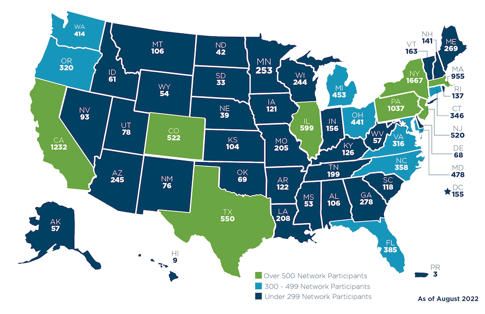 Map of the United States color coded to indicate BPA Member counts.