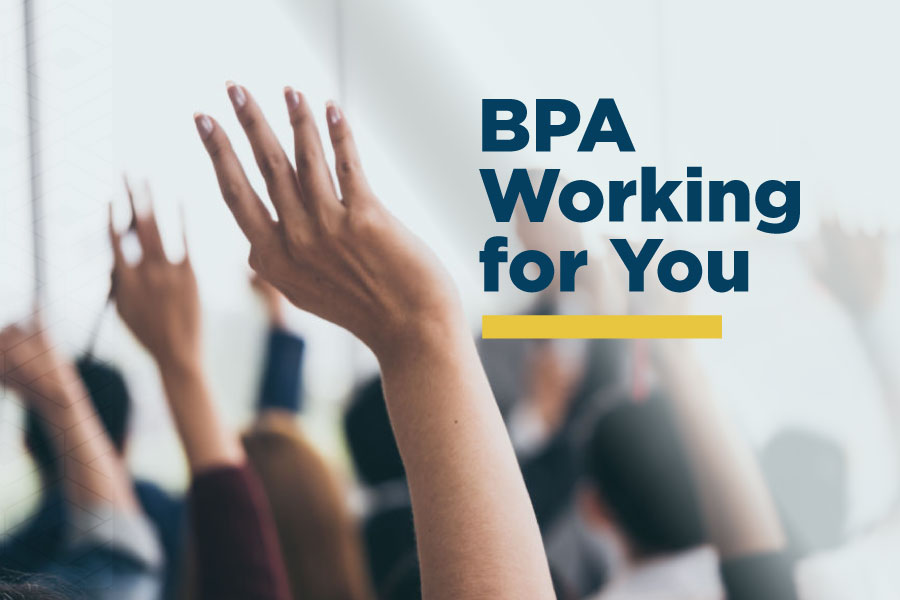 Hands raised in a group volunteering to take action with "BPA working for you" text on the image.