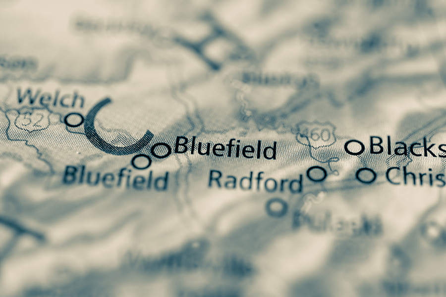 A map of the state of West Virginia showing the city of Bluefield