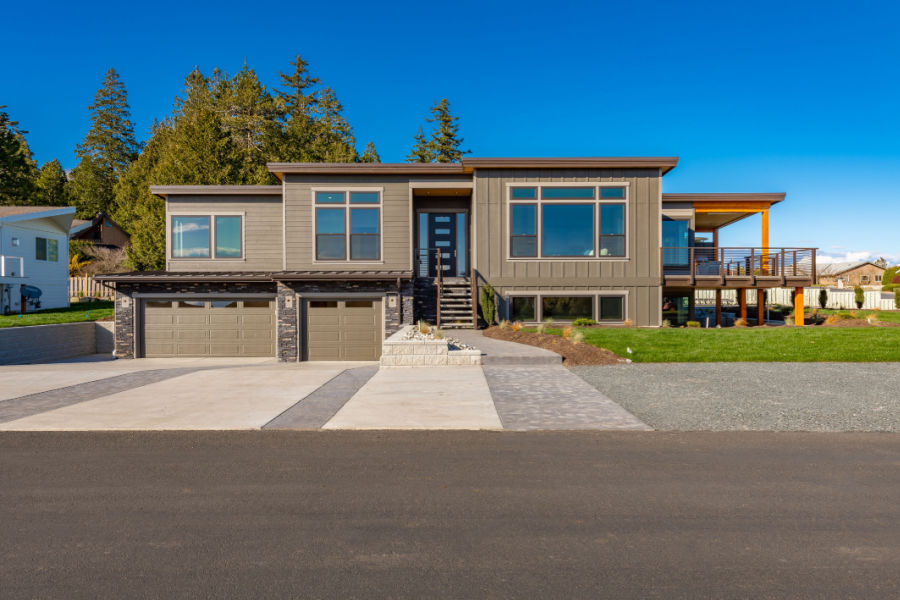 Contemporary, square-edged modern brown house