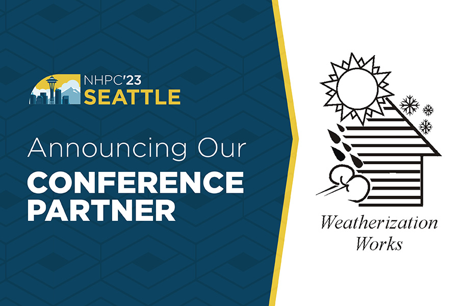 Graphic with BPA's 2023 national conference logo. The text reads, "Announcing Our Conference Partner." On the right side, the Weatherization Works logo is displayed.