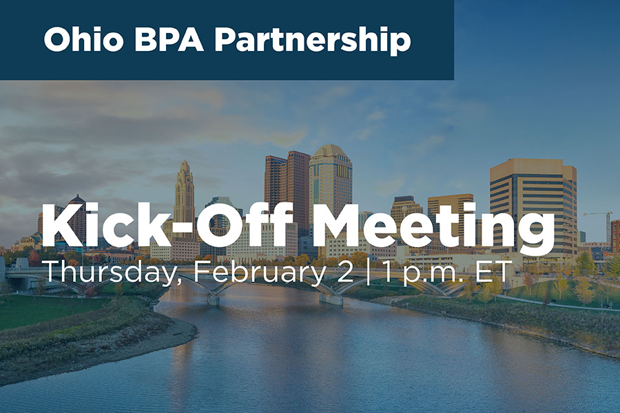 A photo of an Ohio city in the background with the text, "Ohio BPA Partnership. Kick-Off Meeting. Thursday, February 2"
