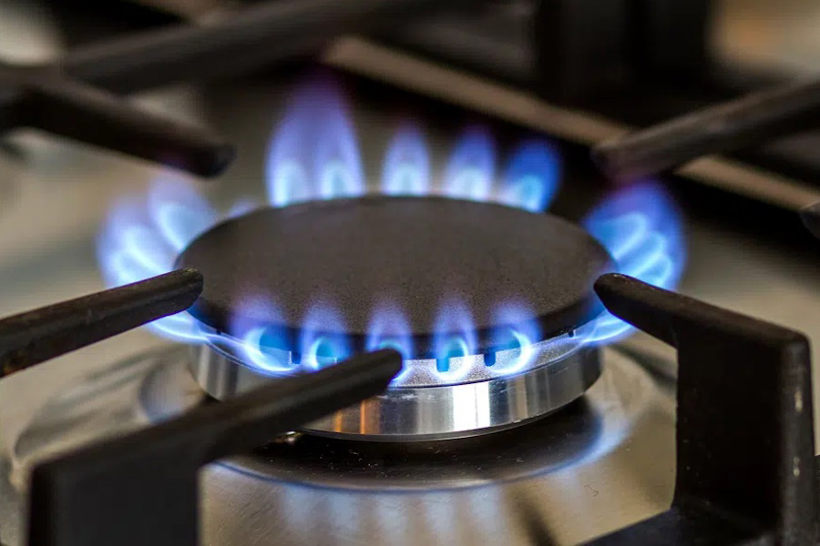 Close-up of a gas burner on a stove.