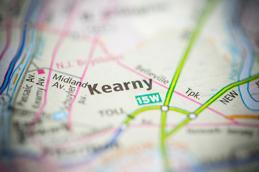 A close-up of a map with the city Kearny in focus