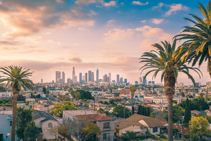 Sunset view of Los Angeles downtown skyline and palm trees