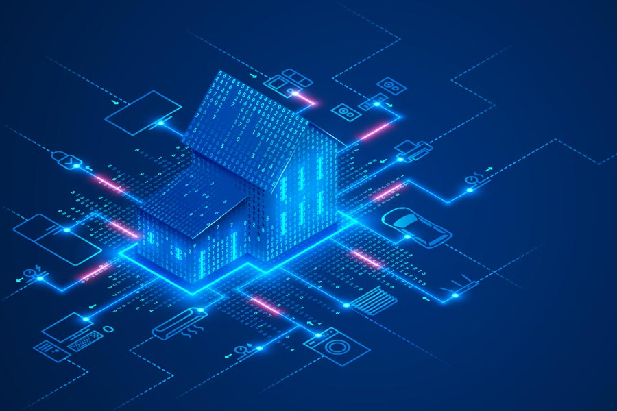 Smart home technology conceptual banner. Building consists digits and connected with icons of domestic smart devices. illustration concept of System intelligent control house on blue background.