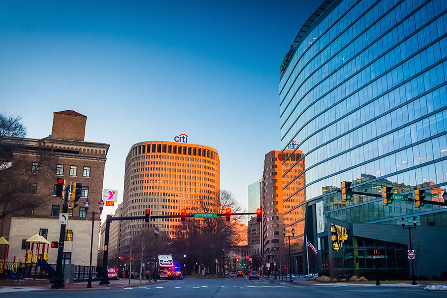 Intersection and modern buildings in downtown Wilmington, Delaware.