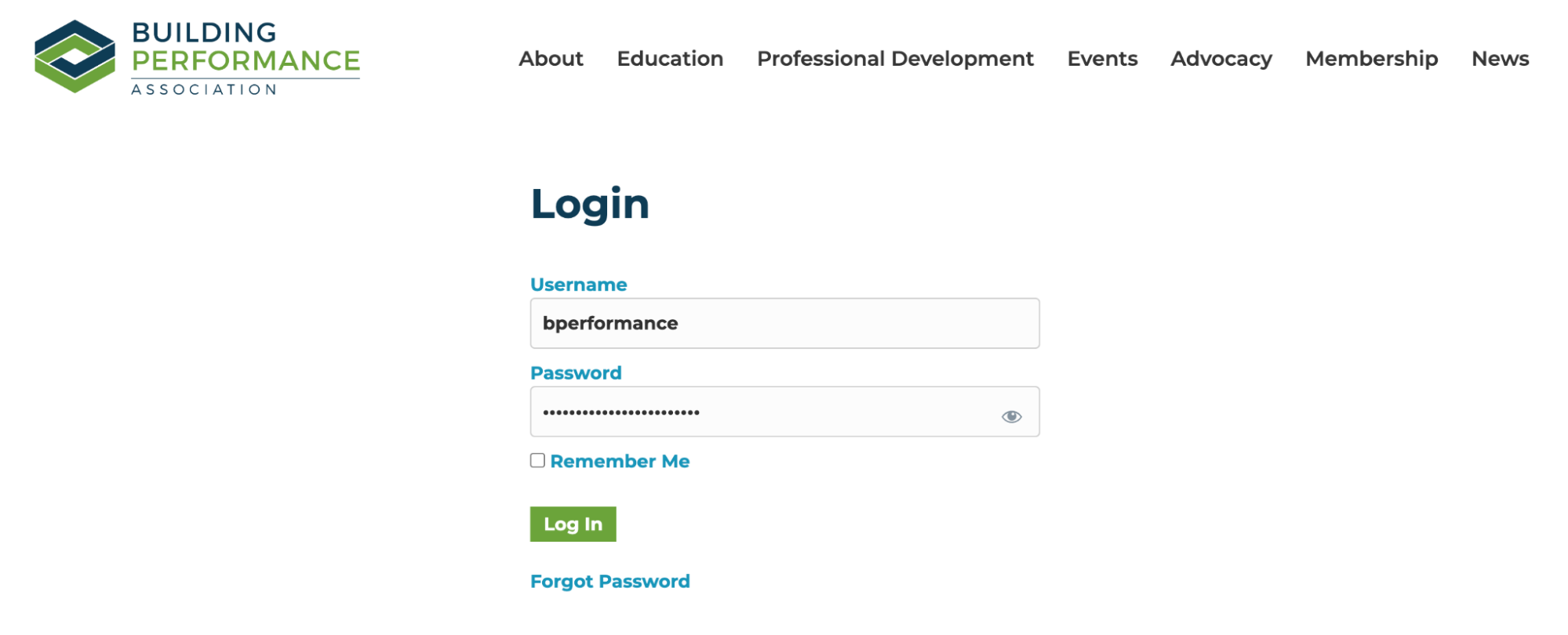 screenshot of login page on building-performance.com