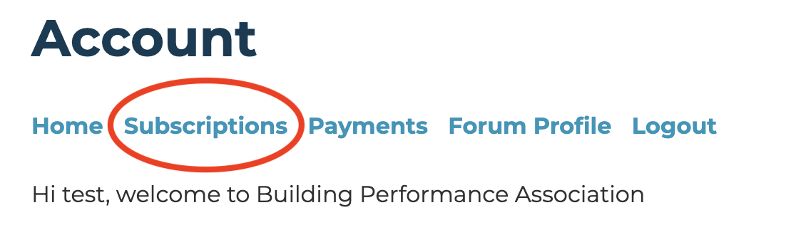 screenshot of account page with subscriptions outlined on building-performance.com