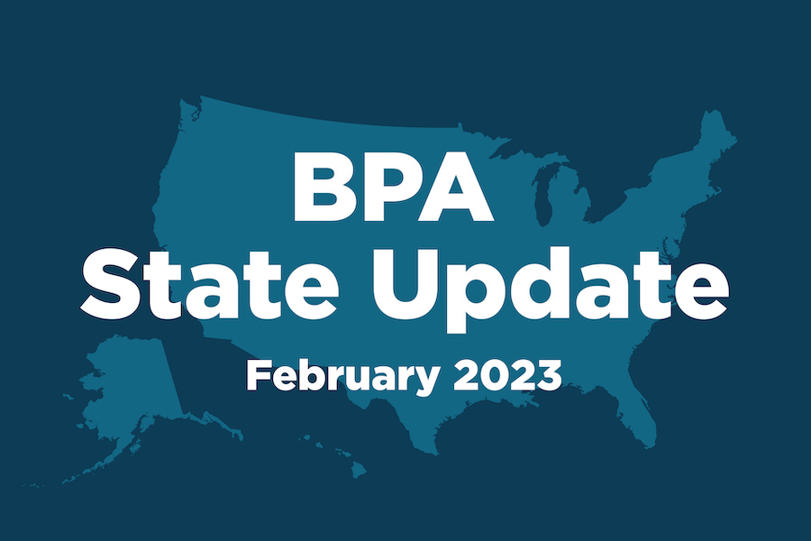 Graphic with a United States map in the background and text that reads, "BPA State Update - February 2023"
