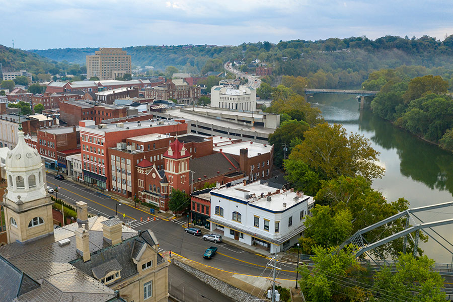 The Kentucky River meanders along framing the downtown urban core of Frankfort KY