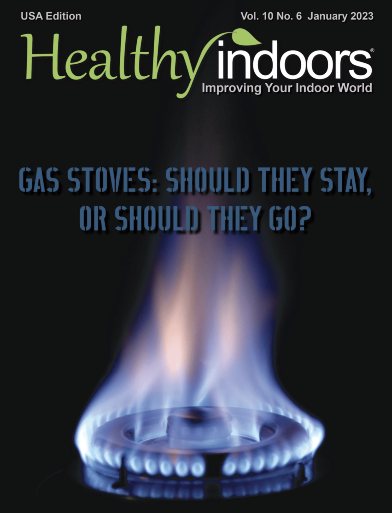 Healthy Indoors magazine cover showing a burning gas stove flame with the title "Gas Stoves: Should They Stay or Should They Go?"