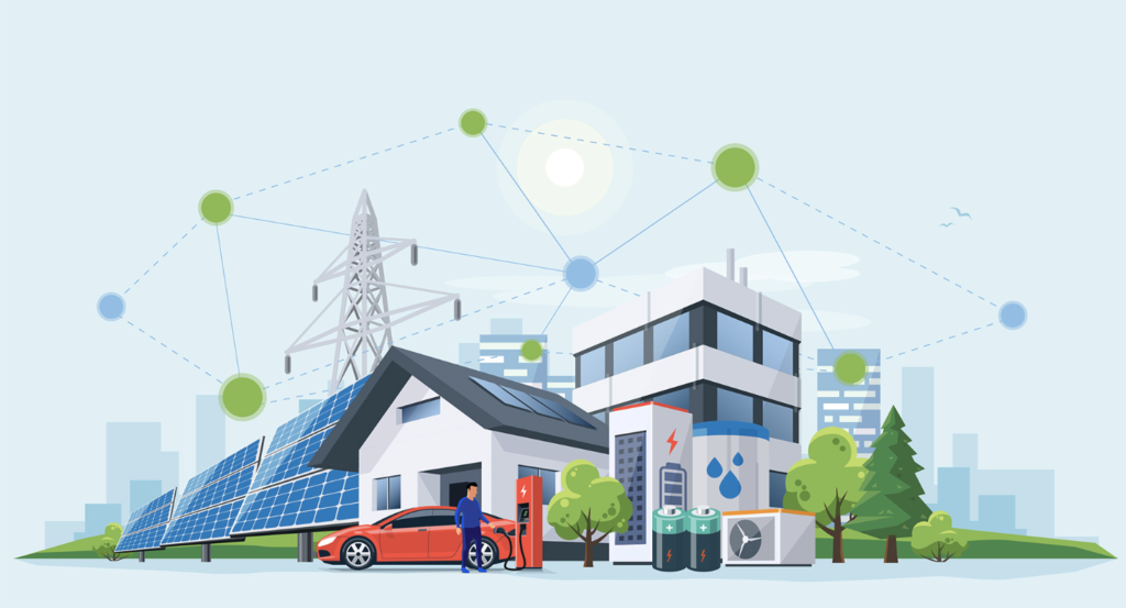 Illustration of a modern home with solar panels and an electric car plugged in.