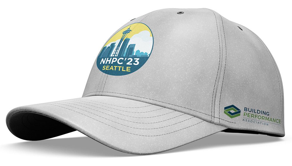 Mockup of a baseball hat with the NHPC'23 logo and the BPA logo