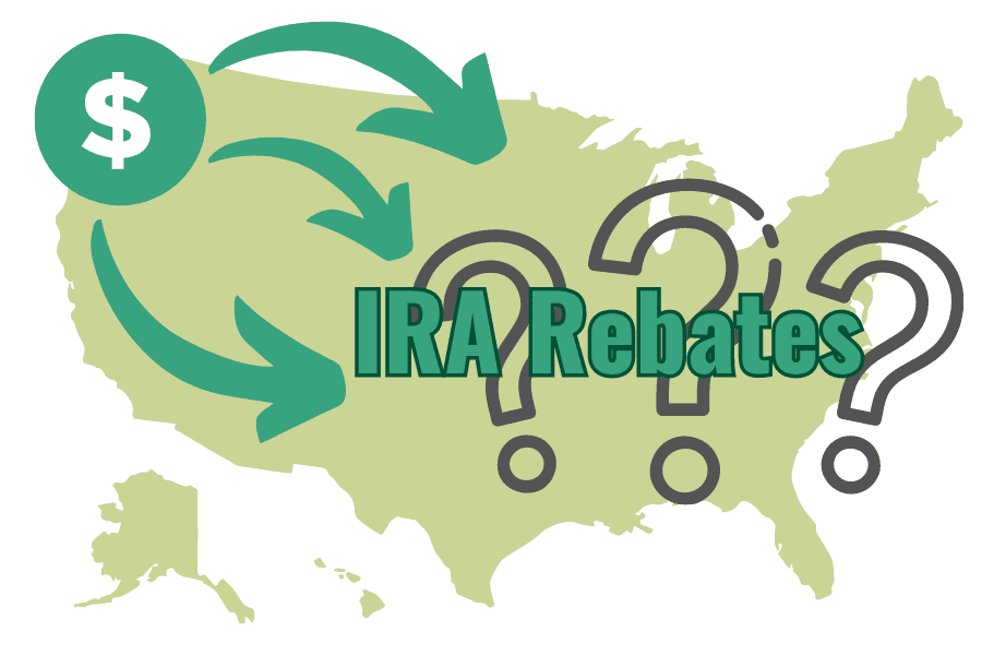 Map of United States with text: IRA Rebates and Question Marks