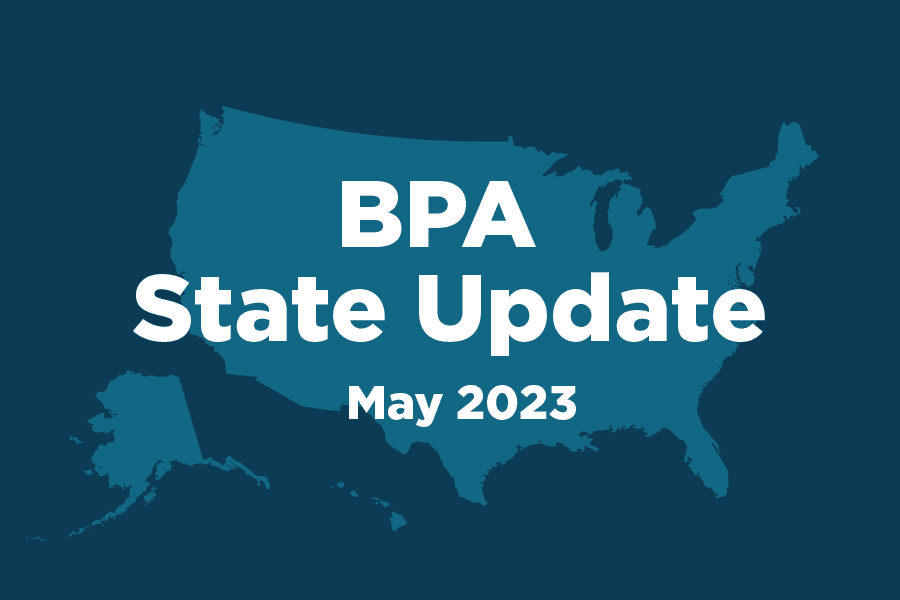 Image of a US map that says BPA State Updates May 2023