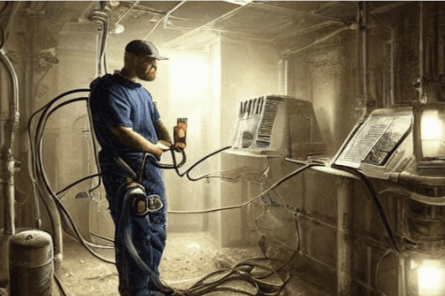 Futuristic dystopian HVAC worker in a basement