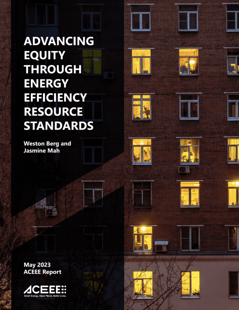 Cover of report showing an apartment building with lights on at night and title: Advancing Equity Through Energy Efficiency Resource Standards