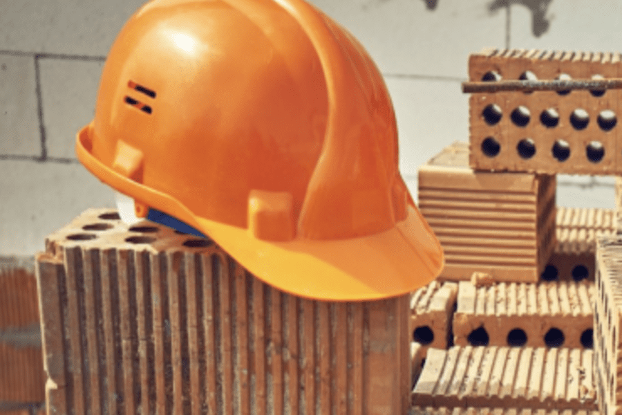 Construction hat on a pile of bricks