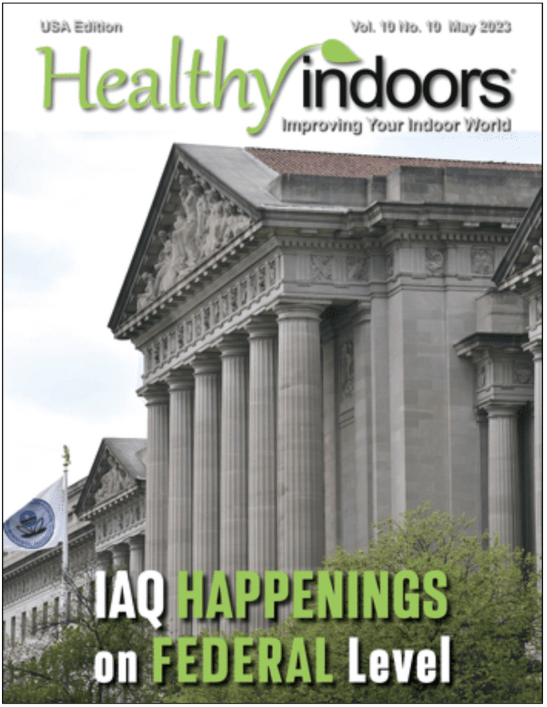 Cover of Healthy Indoors magazine featuring a picture of a federal buidling. Text: IAQ Happenings on Federal Level.