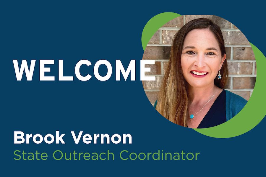 Graphic with a blue background and a headshot of Brook Vernon. The text on the graphic reads, "Welcome Brook Vernon - State Outreach Coordinator."