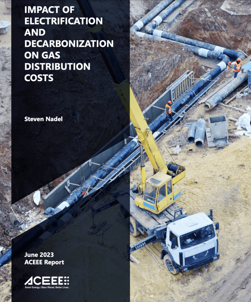 Cover of ACEEE report: Impact of Electrification and Decarbonization on Gas Distribution Costs by Steven Nadel showing men laying pipelines.