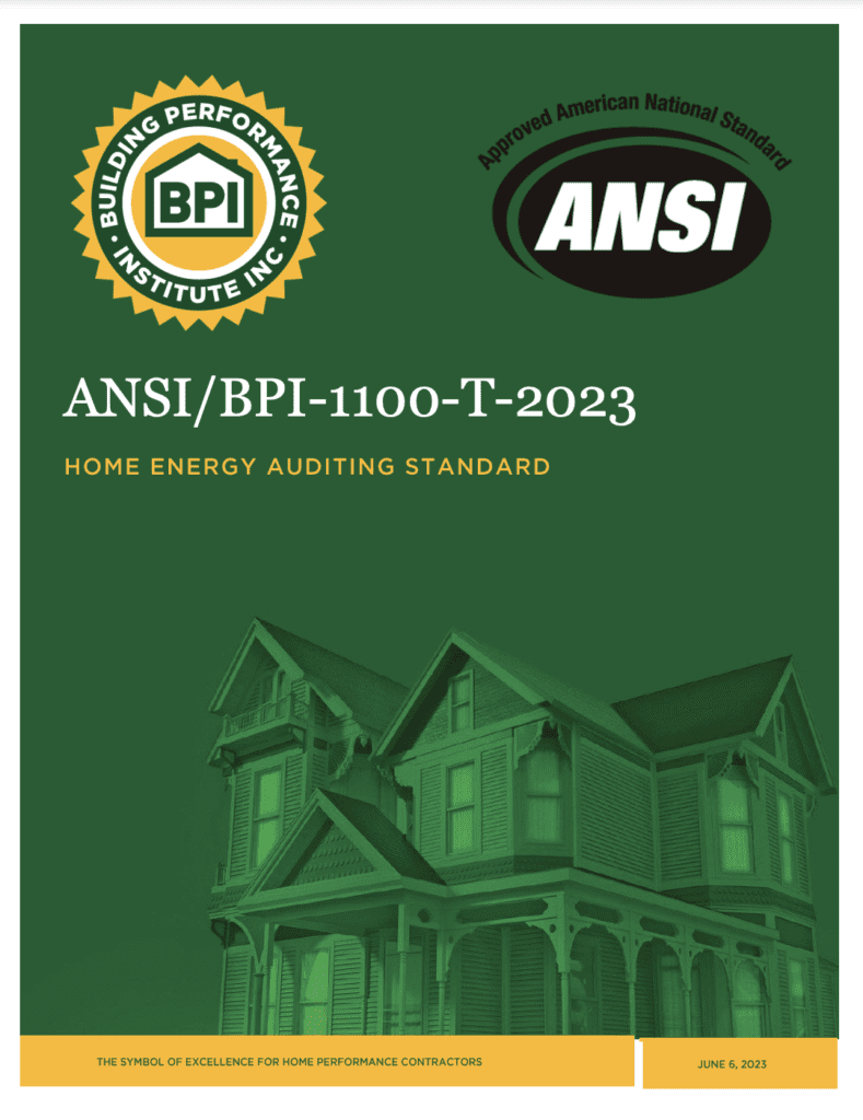 Cover of ANSI/BPI-1100-T-2023 Home Energy Auditing Standard with Victorian House illustration