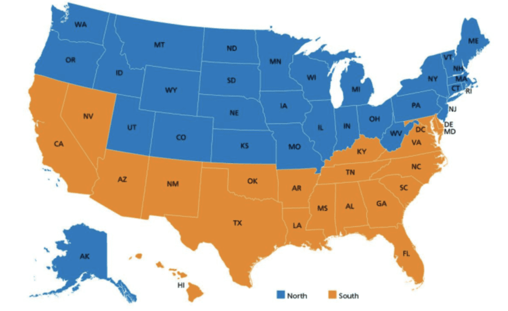 Map of USA showing heat pump climate zones for North & South