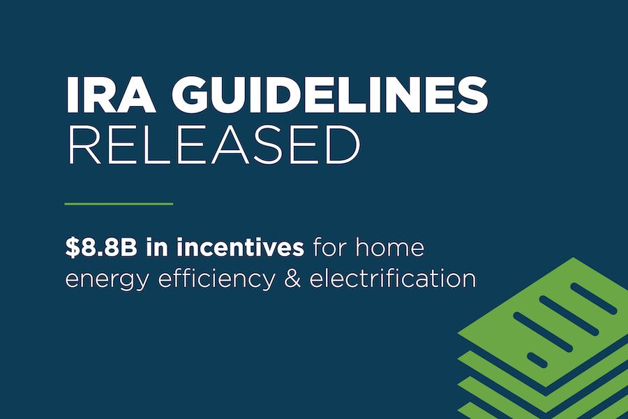 Graphic with a blue background and text that reads, "IRA Guidelines Released. $8.8B in incentives for home energy efficiency & electrification"