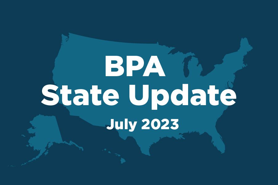 Blue background with the shape of the United States. Text reads, "BPA State Update July 2023"