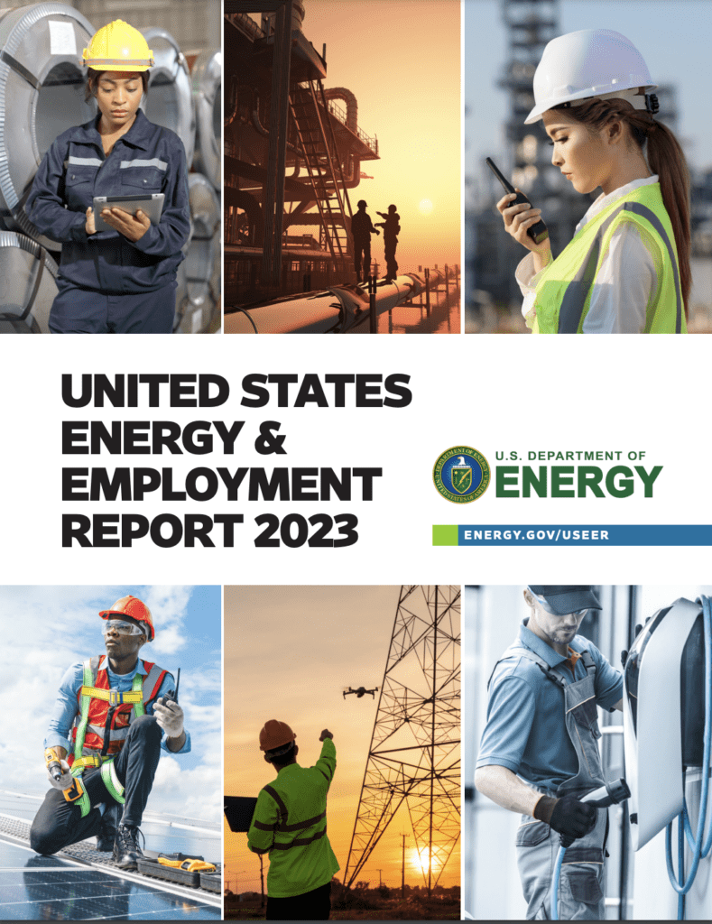 Cover of US Energy & Employment Report 2023 showing energy workers at work.