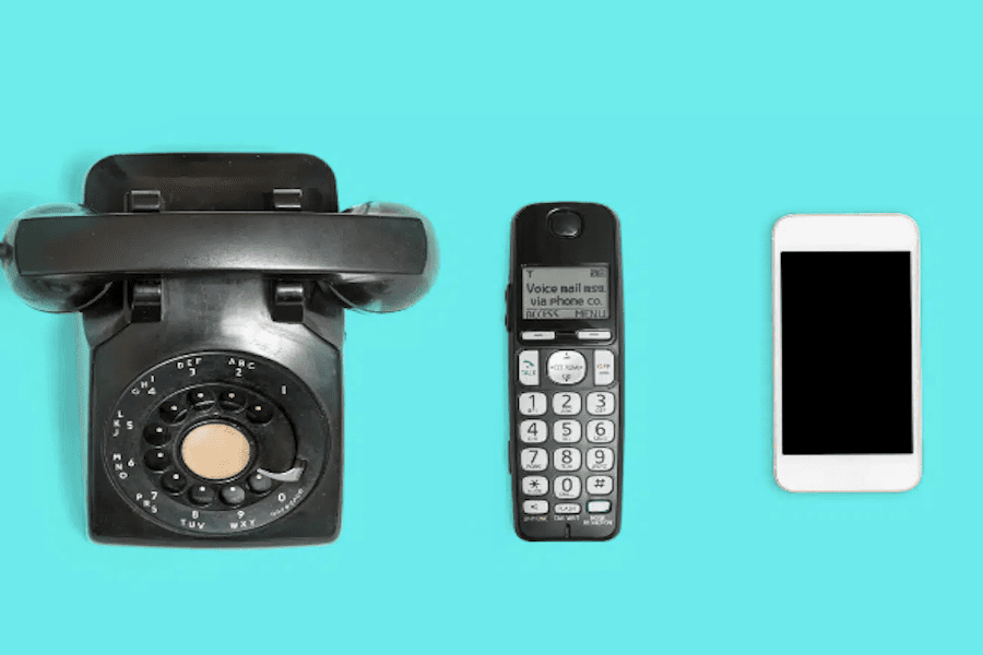 Phones over time from dial phone to wireless phone to iPhone