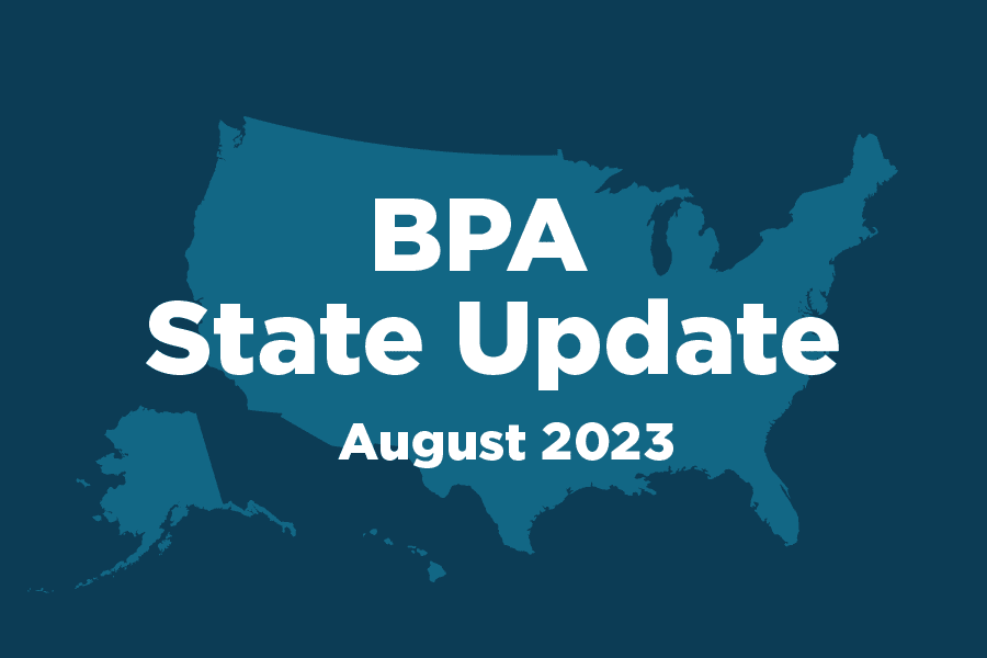 Blue background with the shape of the United States. The text on the graphic includes, "BPA State Update, August 2023"