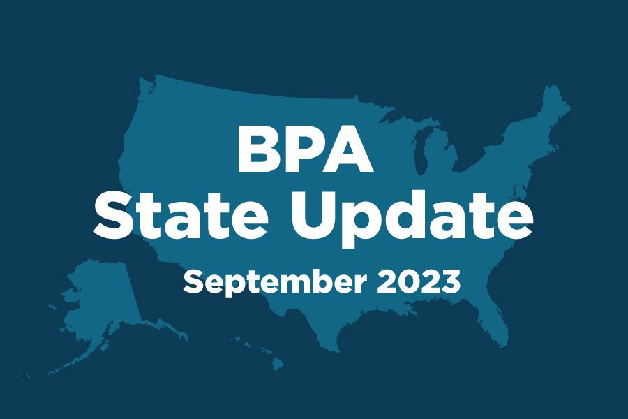 Blue background with the shape of the United States. The text on the graphic includes, "BPA State Update, September 2023"