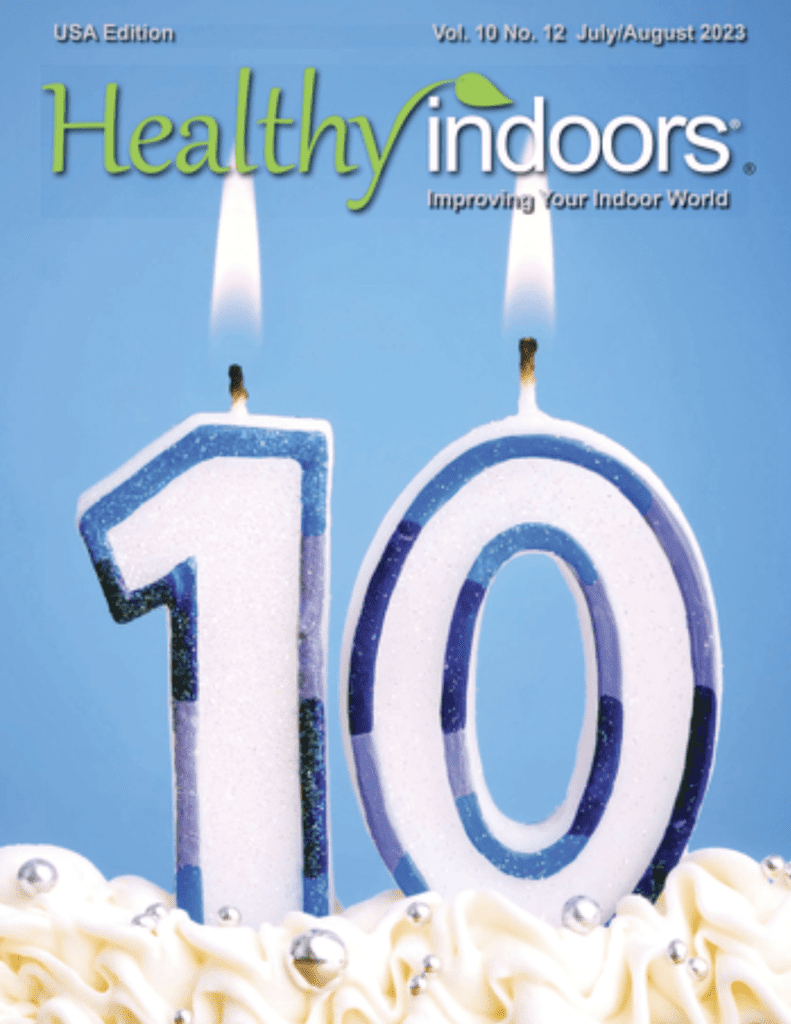 Cover of Healthy Indoors magazine July/August issue with 10 years candles