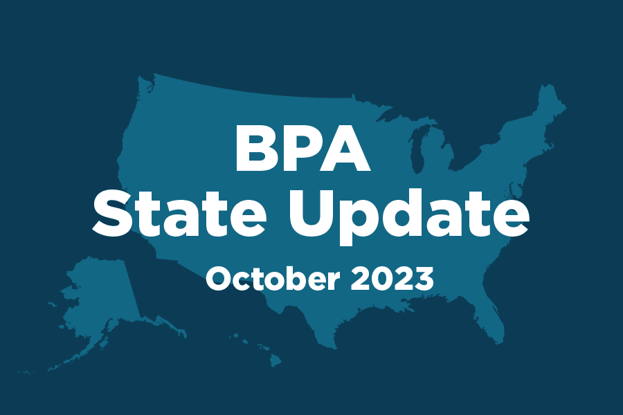 Image of US that says BPA state update October 2023