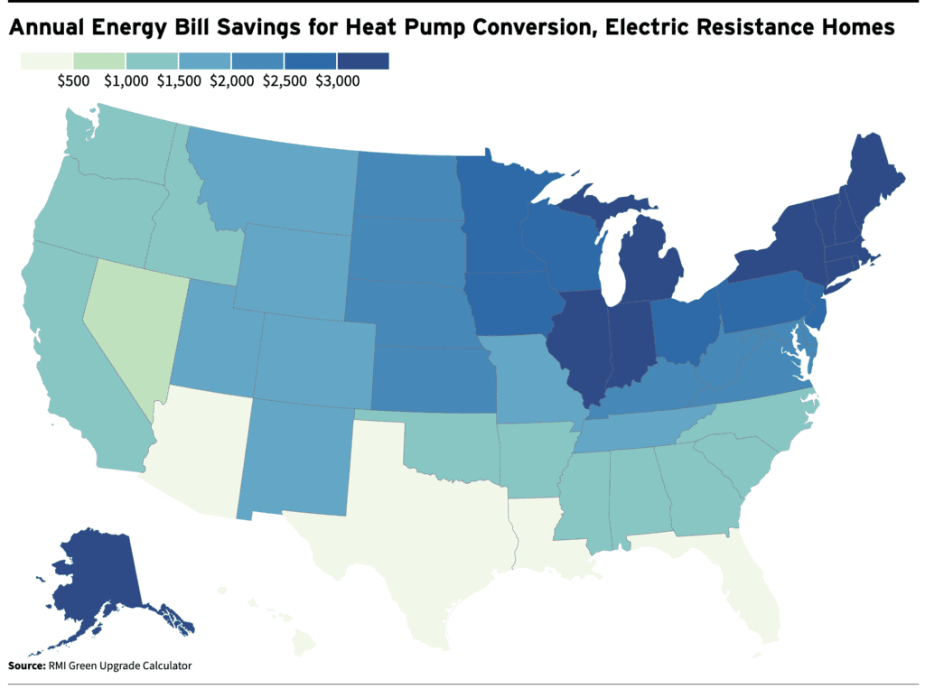 Annual Energy Bill Savings for Heat Pump Conversions - Electric Resistance Homes - U.S. map