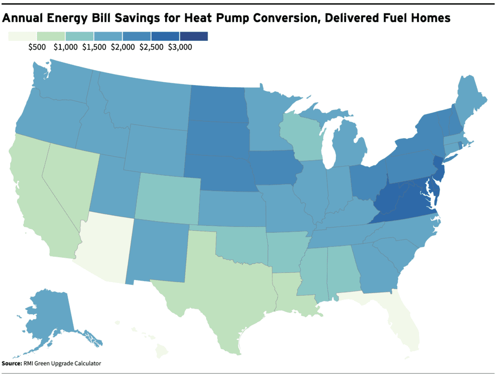 Annual Energy Bill Savings for Heat Pump Conversions, Delivered Fuel Homes - U.S. map